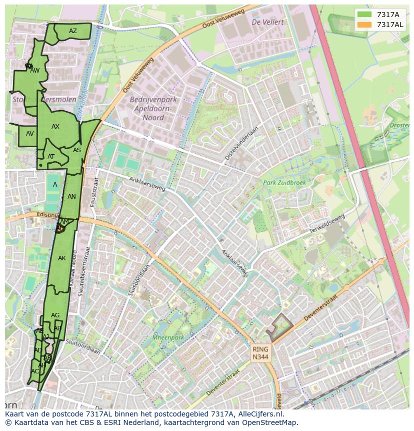 Afbeelding van het postcodegebied 7317 AL op de kaart.