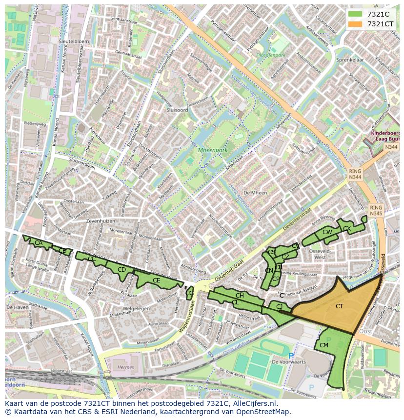 Afbeelding van het postcodegebied 7321 CT op de kaart.