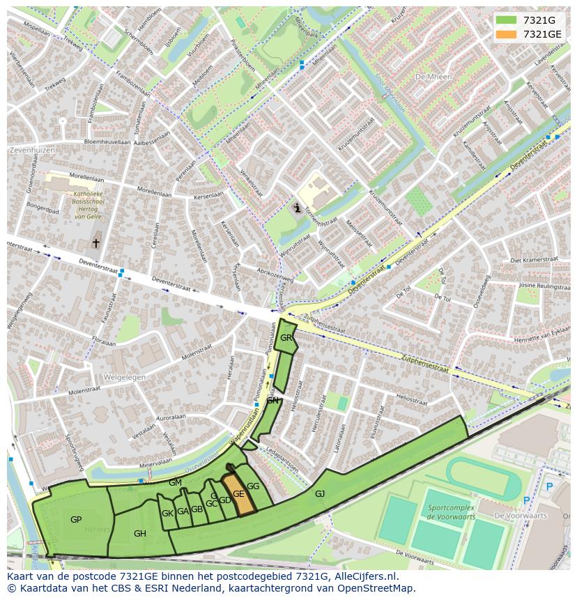 Afbeelding van het postcodegebied 7321 GE op de kaart.