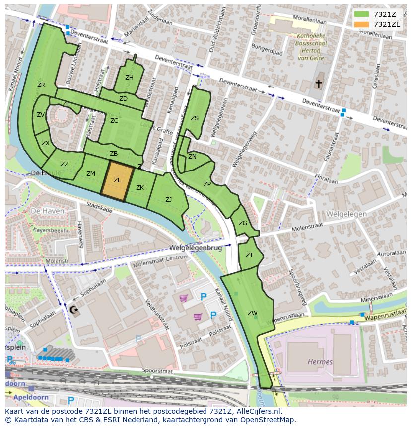 Afbeelding van het postcodegebied 7321 ZL op de kaart.
