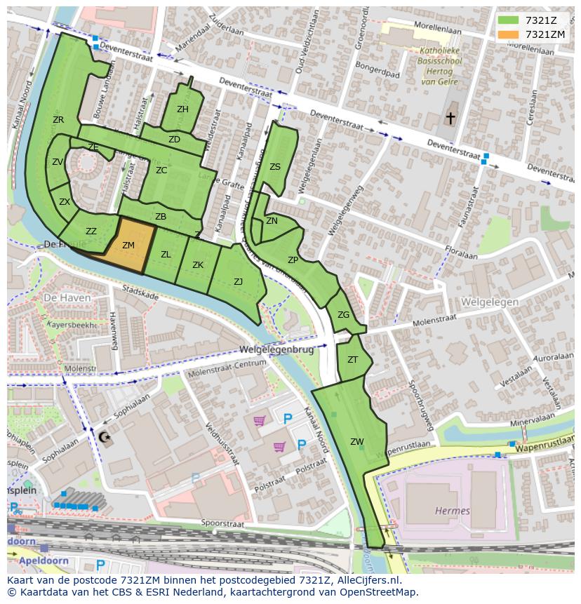 Afbeelding van het postcodegebied 7321 ZM op de kaart.