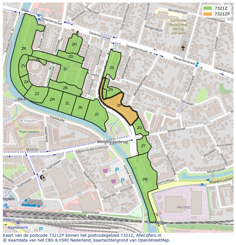 Afbeelding van het postcodegebied 7321 ZP op de kaart.