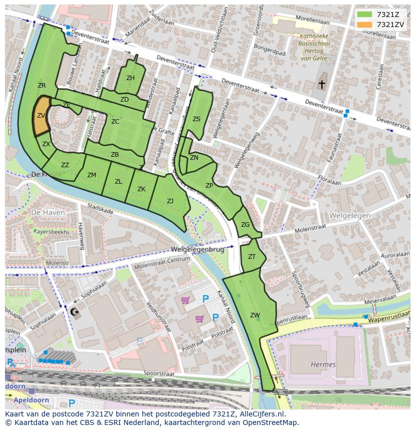 Afbeelding van het postcodegebied 7321 ZV op de kaart.