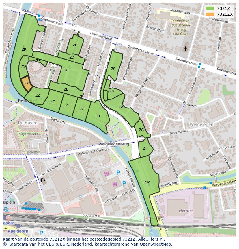 Afbeelding van het postcodegebied 7321 ZX op de kaart.