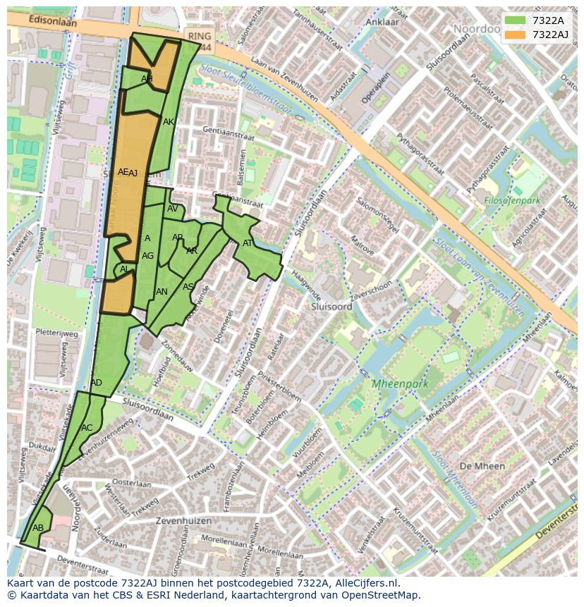 Afbeelding van het postcodegebied 7322 AJ op de kaart.