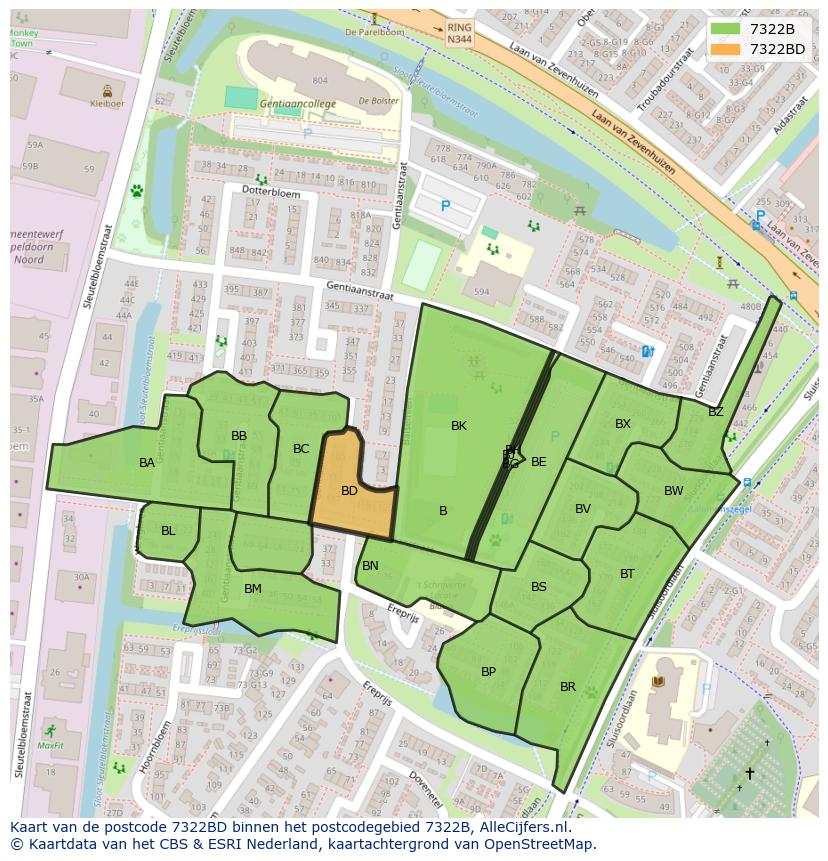 Afbeelding van het postcodegebied 7322 BD op de kaart.