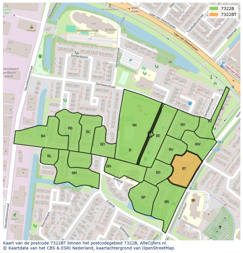 Afbeelding van het postcodegebied 7322 BT op de kaart.