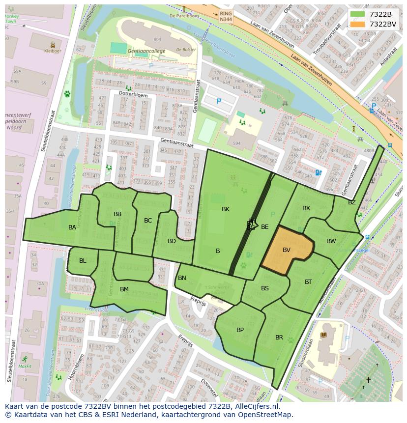 Afbeelding van het postcodegebied 7322 BV op de kaart.