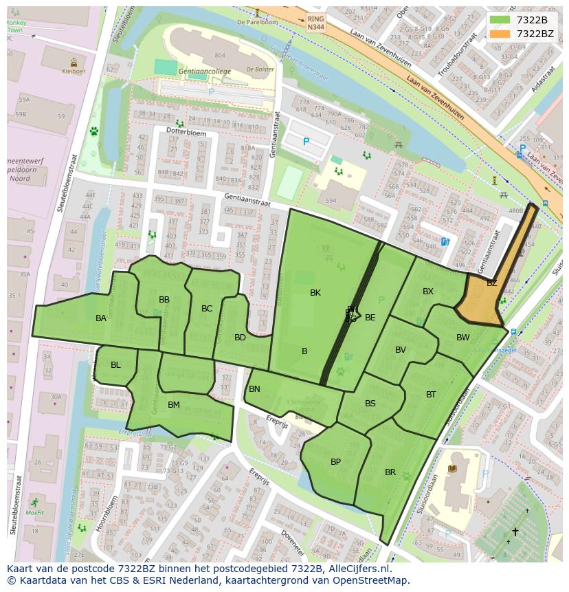 Afbeelding van het postcodegebied 7322 BZ op de kaart.