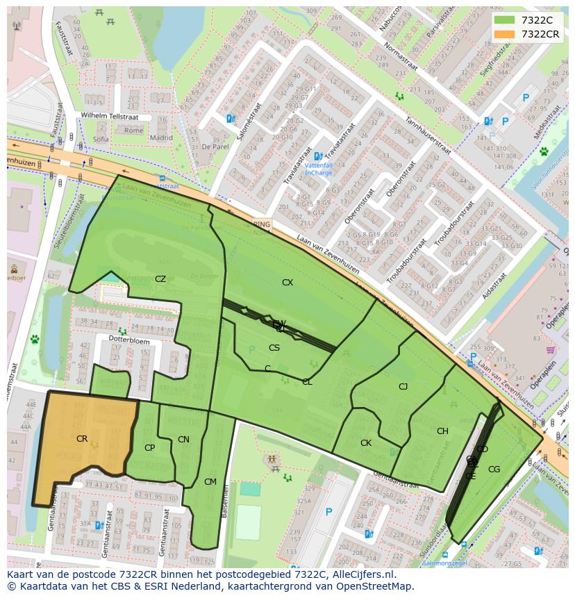 Afbeelding van het postcodegebied 7322 CR op de kaart.