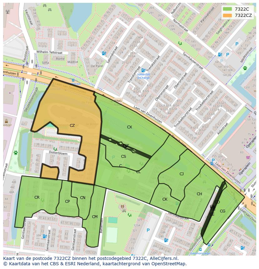 Afbeelding van het postcodegebied 7322 CZ op de kaart.