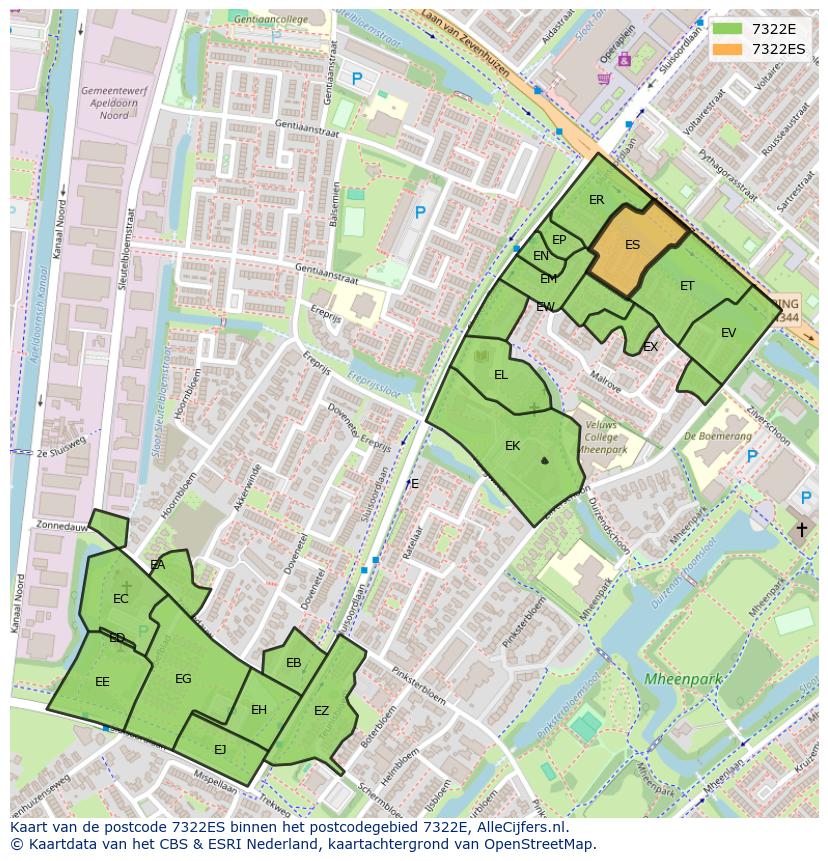 Afbeelding van het postcodegebied 7322 ES op de kaart.