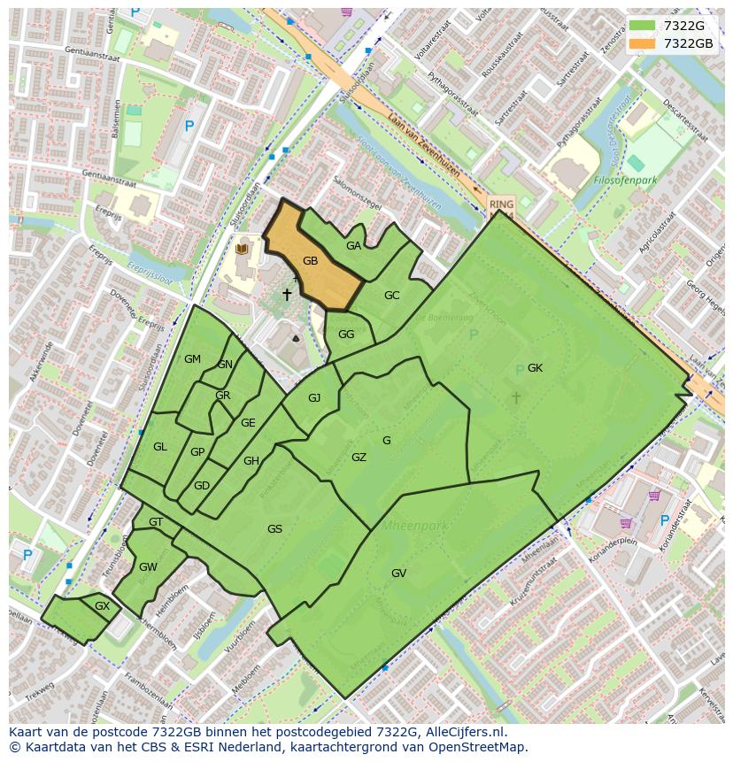 Afbeelding van het postcodegebied 7322 GB op de kaart.