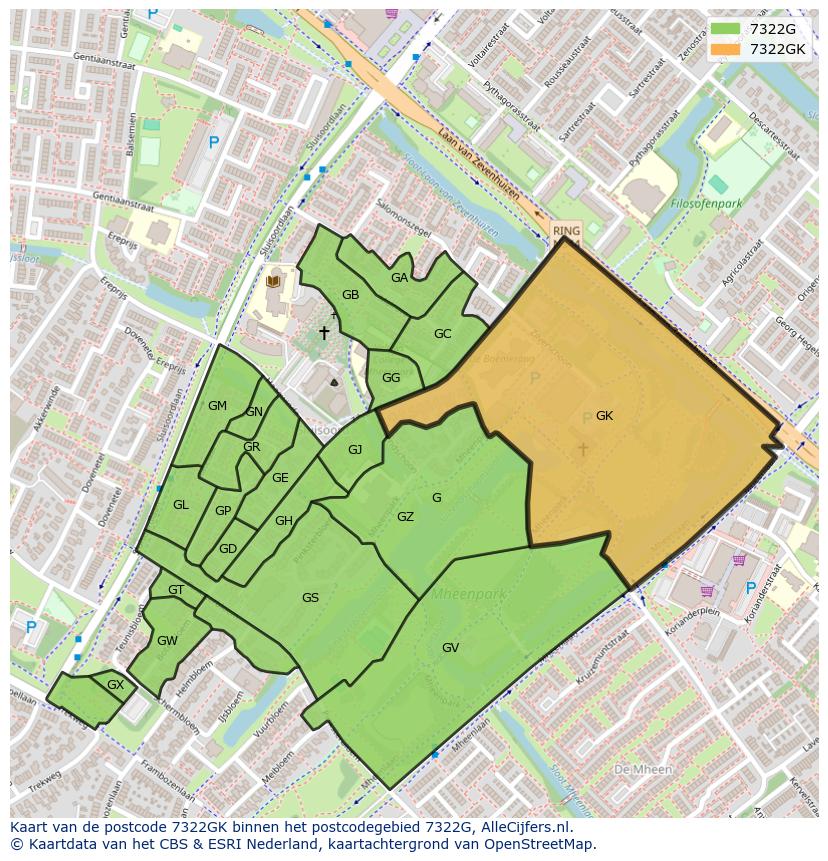 Afbeelding van het postcodegebied 7322 GK op de kaart.