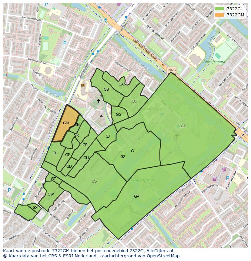 Afbeelding van het postcodegebied 7322 GM op de kaart.