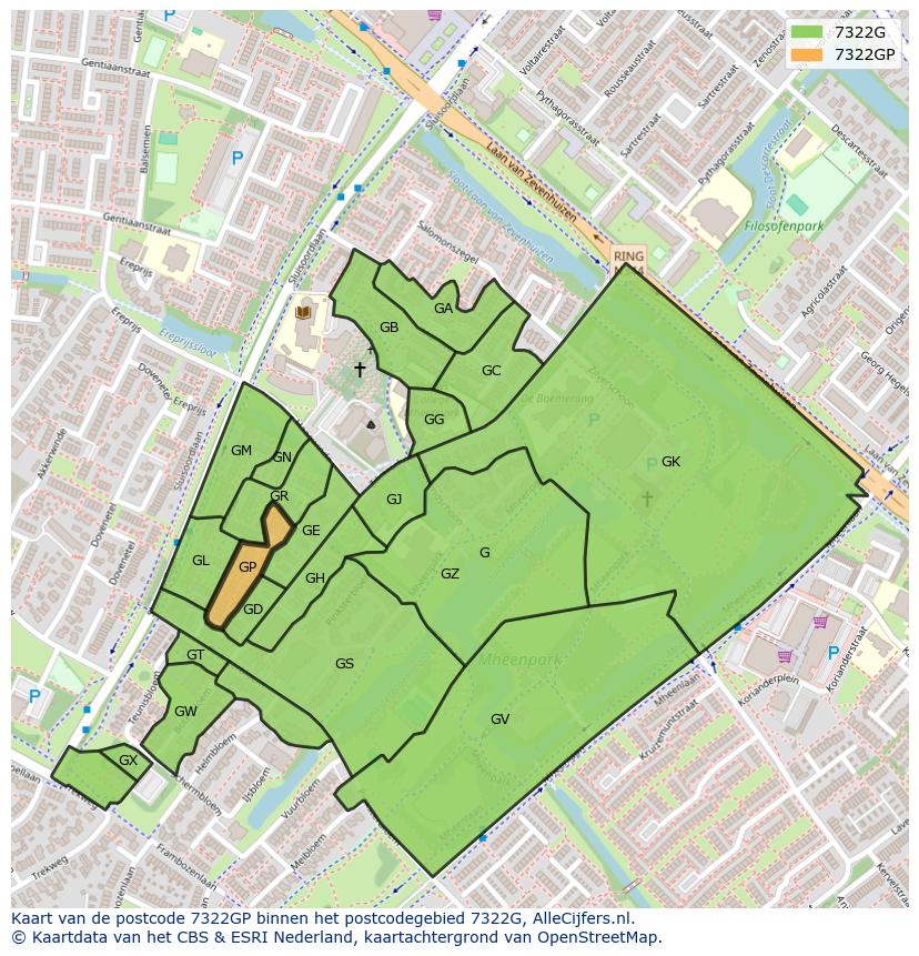 Afbeelding van het postcodegebied 7322 GP op de kaart.