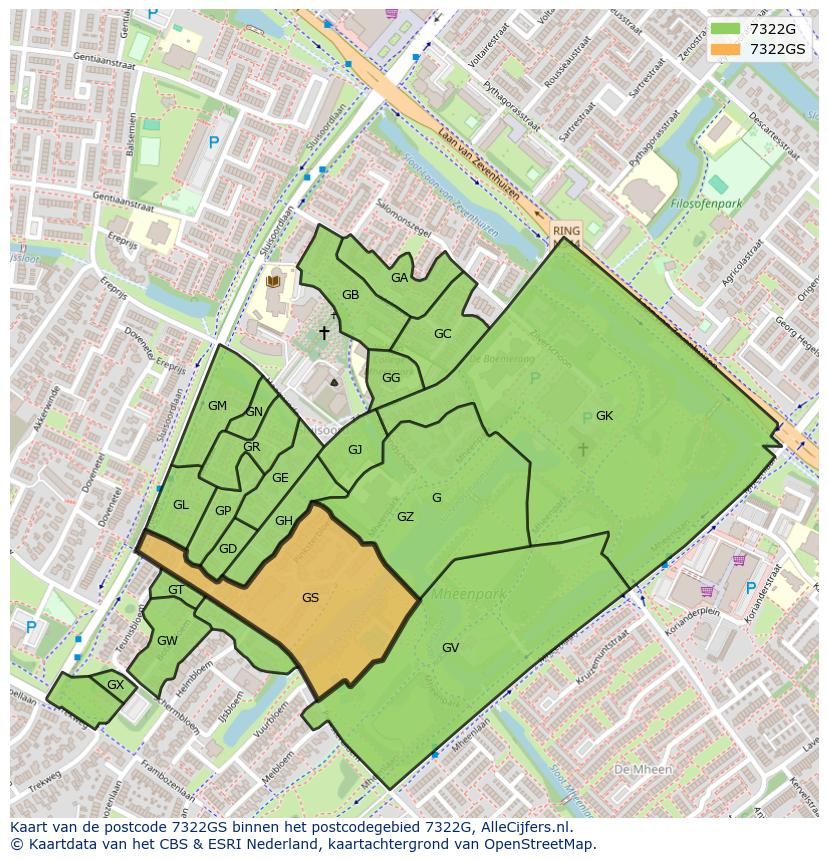 Afbeelding van het postcodegebied 7322 GS op de kaart.
