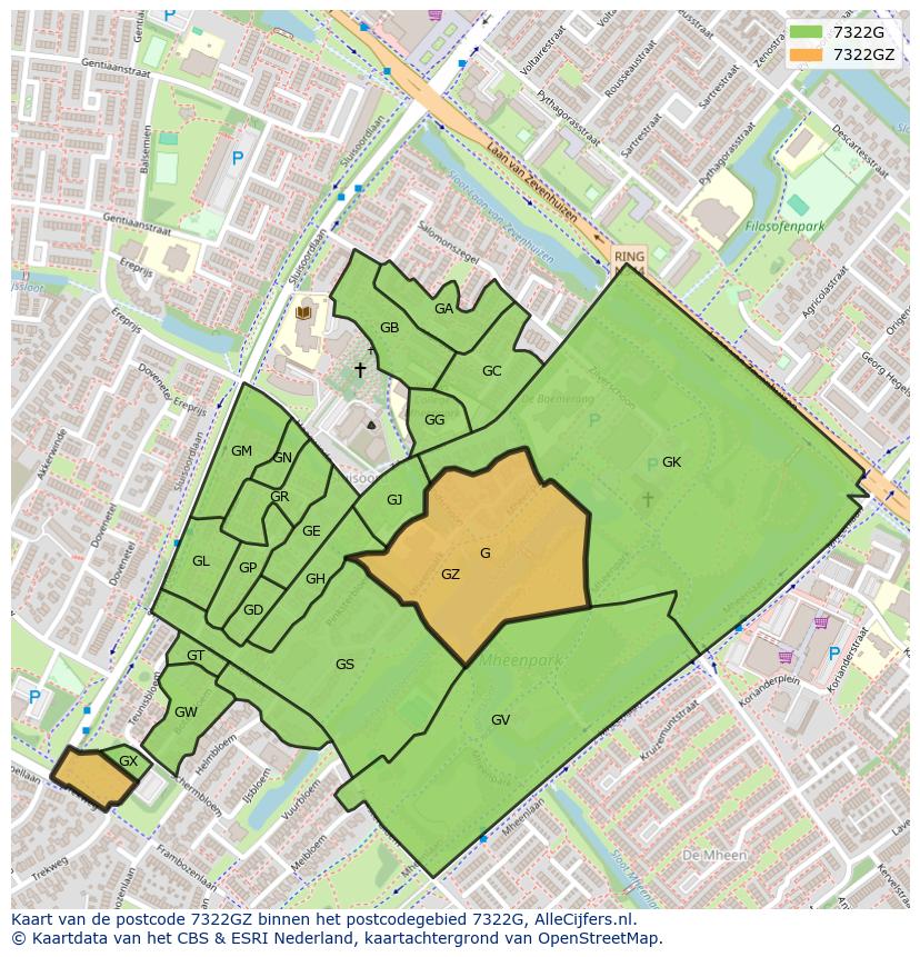 Afbeelding van het postcodegebied 7322 GZ op de kaart.