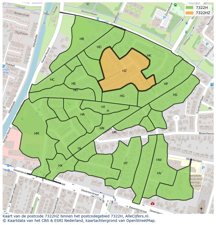 Afbeelding van het postcodegebied 7322 HZ op de kaart.