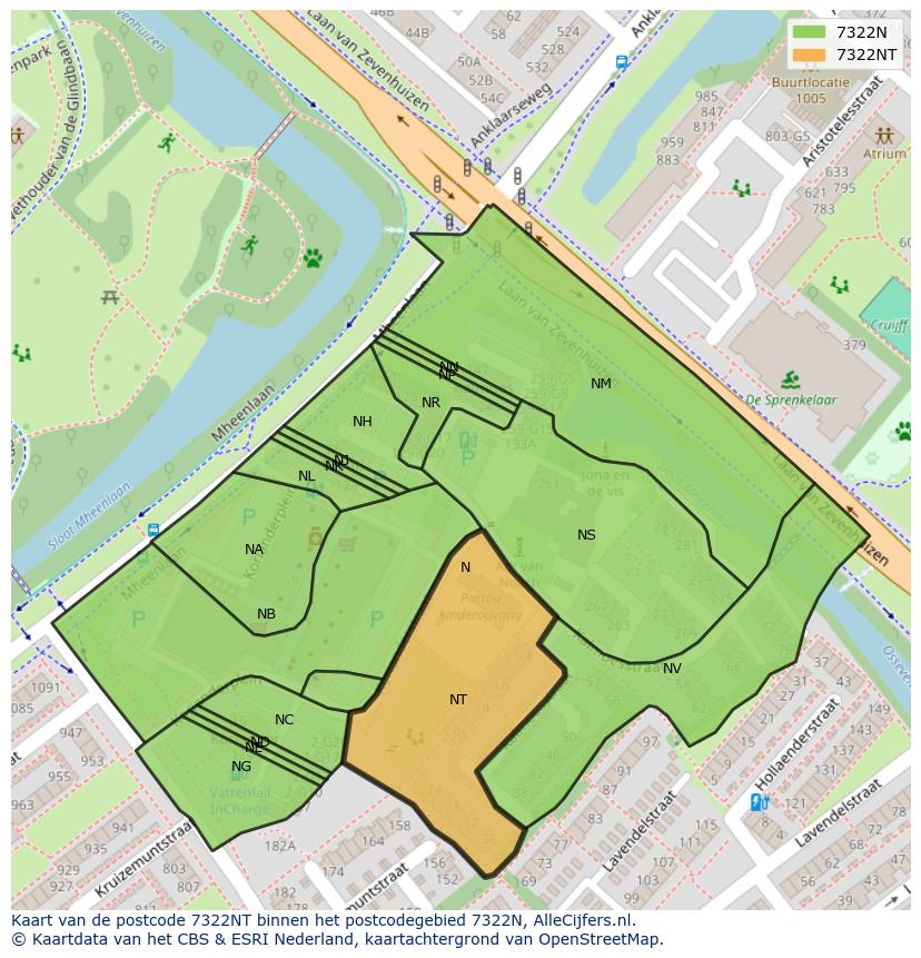 Afbeelding van het postcodegebied 7322 NT op de kaart.