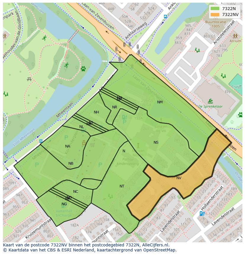 Afbeelding van het postcodegebied 7322 NV op de kaart.