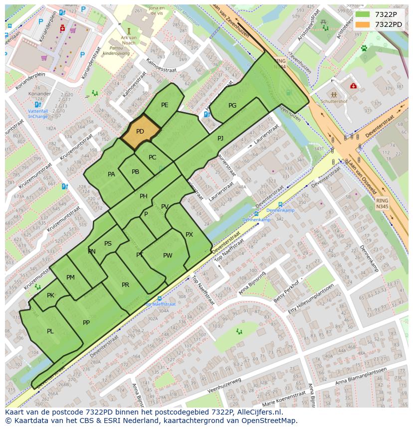 Afbeelding van het postcodegebied 7322 PD op de kaart.