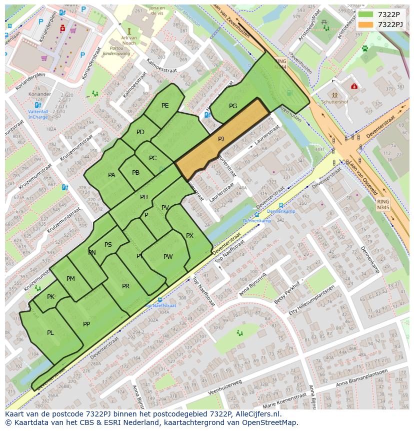 Afbeelding van het postcodegebied 7322 PJ op de kaart.