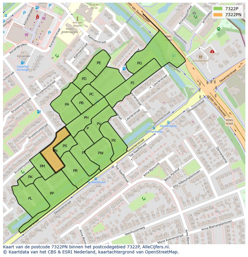 Afbeelding van het postcodegebied 7322 PN op de kaart.