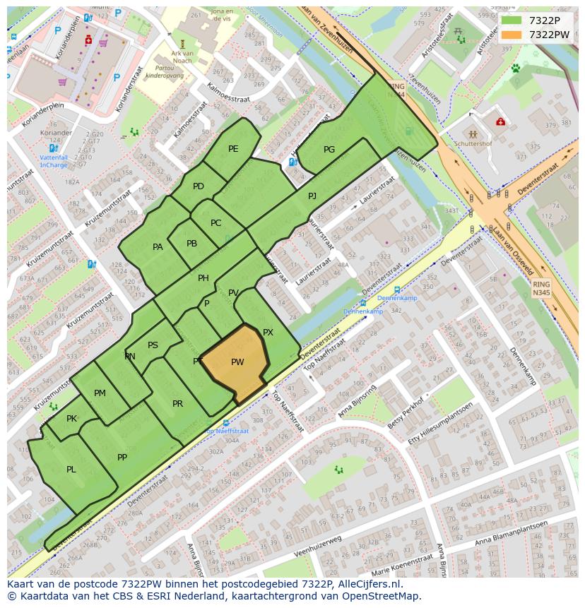 Afbeelding van het postcodegebied 7322 PW op de kaart.