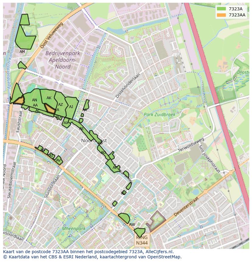 Afbeelding van het postcodegebied 7323 AA op de kaart.