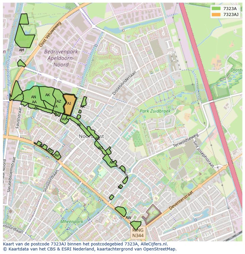Afbeelding van het postcodegebied 7323 AJ op de kaart.