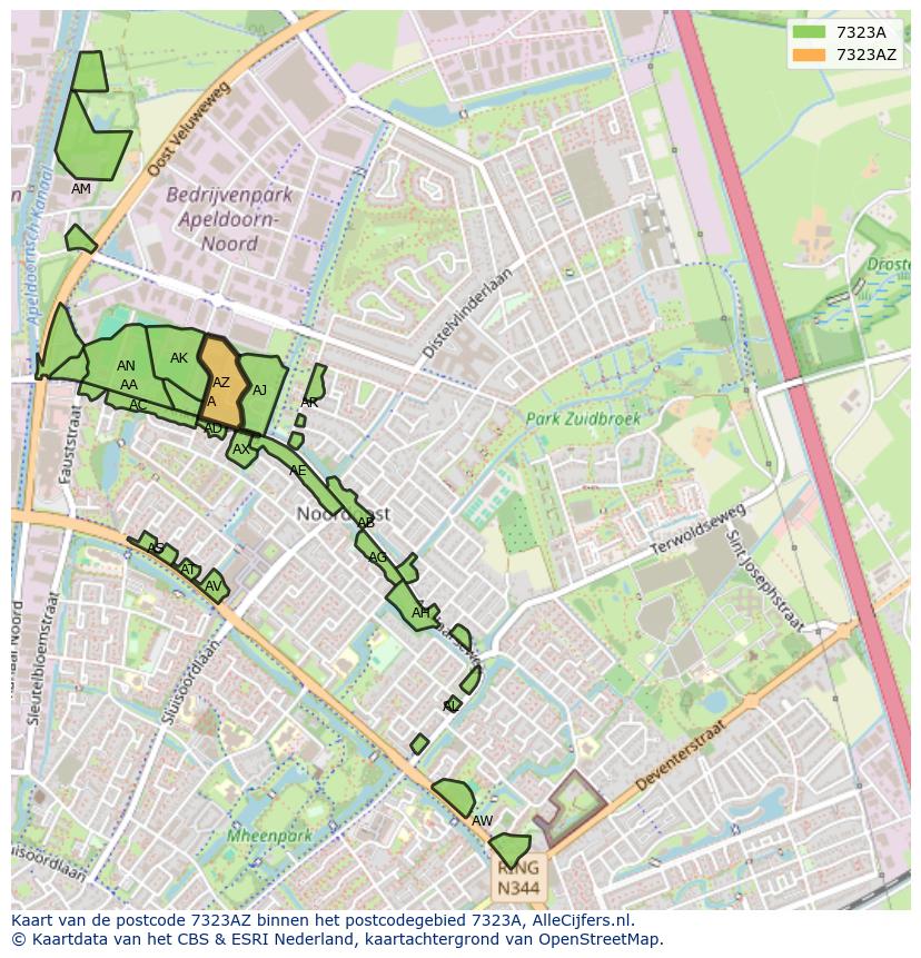 Afbeelding van het postcodegebied 7323 AZ op de kaart.