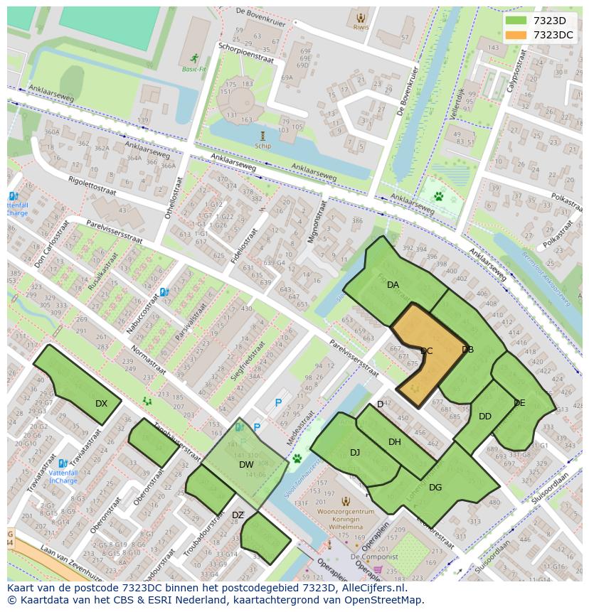 Afbeelding van het postcodegebied 7323 DC op de kaart.