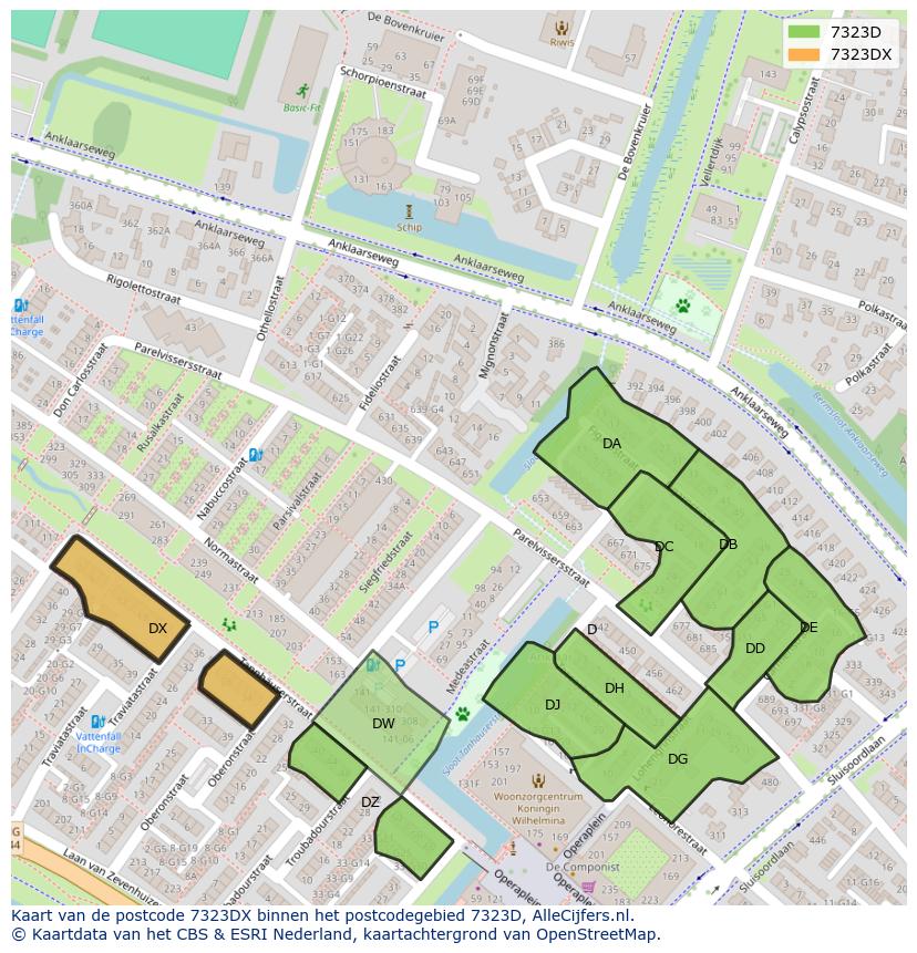 Afbeelding van het postcodegebied 7323 DX op de kaart.