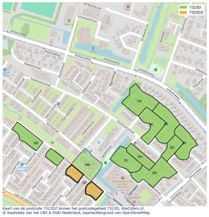 Afbeelding van het postcodegebied 7323 DZ op de kaart.