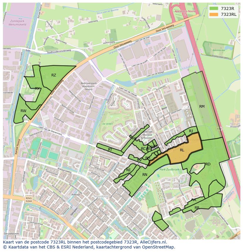 Afbeelding van het postcodegebied 7323 RL op de kaart.