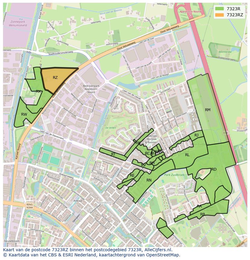 Afbeelding van het postcodegebied 7323 RZ op de kaart.