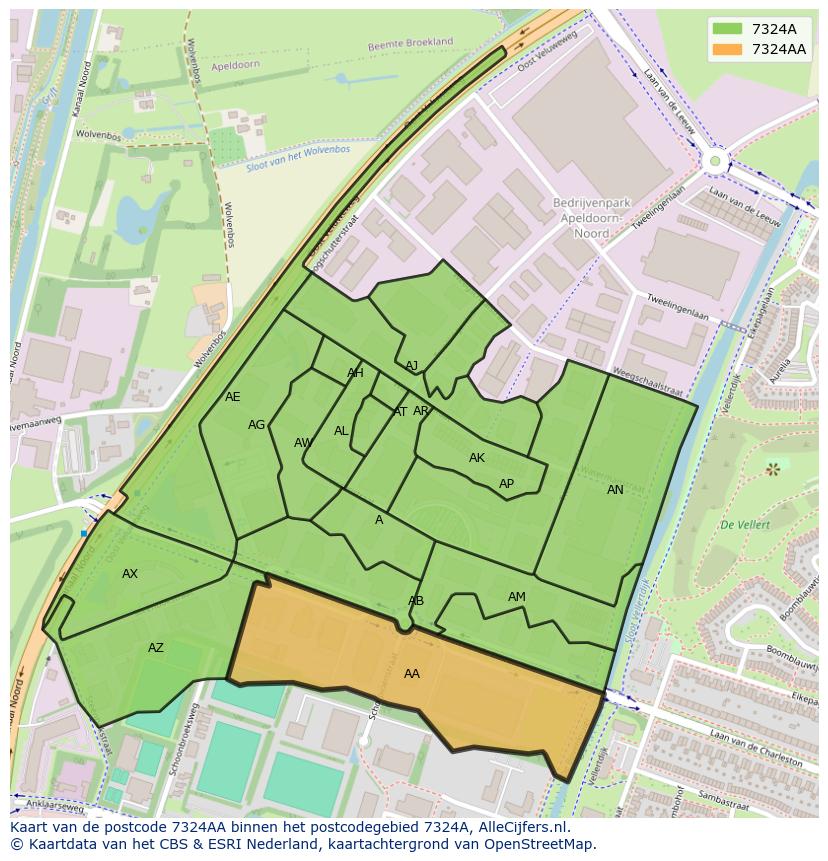 Afbeelding van het postcodegebied 7324 AA op de kaart.