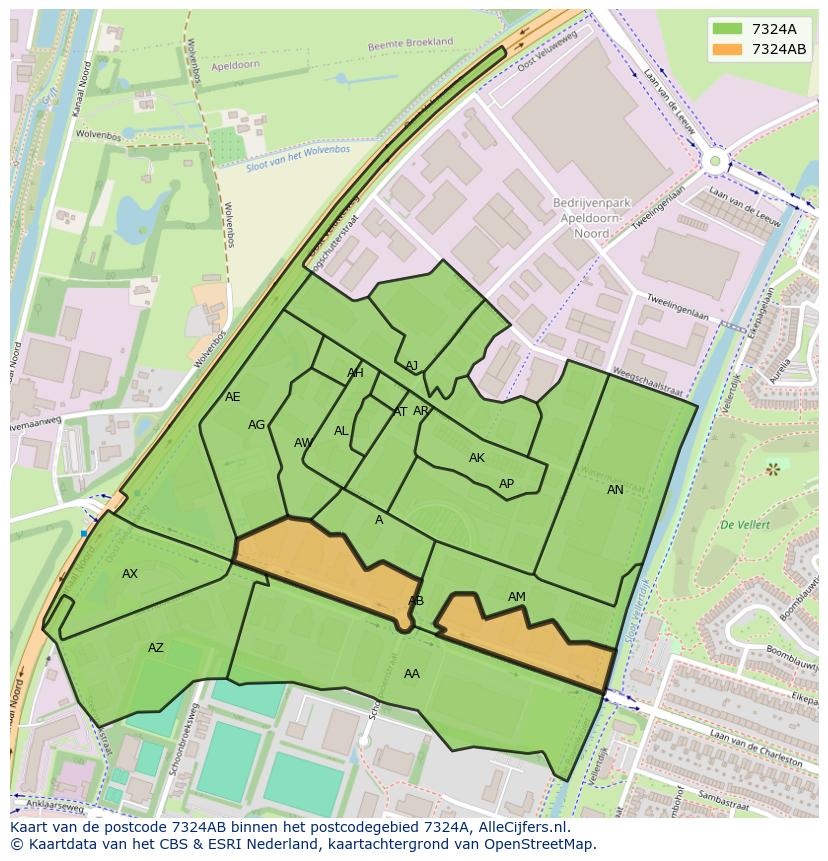 Afbeelding van het postcodegebied 7324 AB op de kaart.