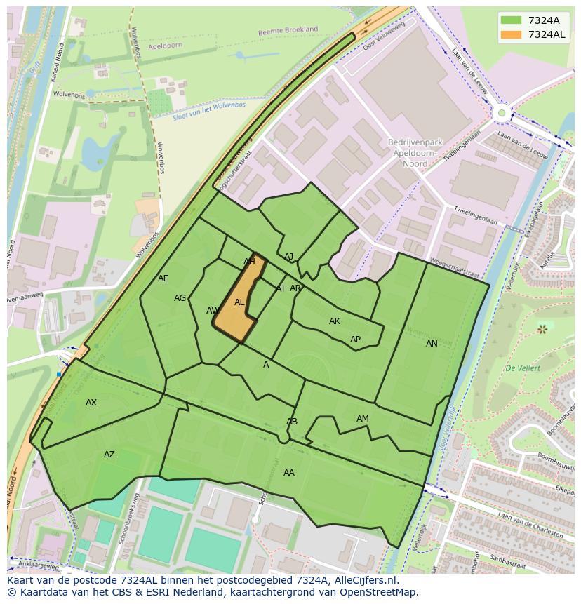 Afbeelding van het postcodegebied 7324 AL op de kaart.