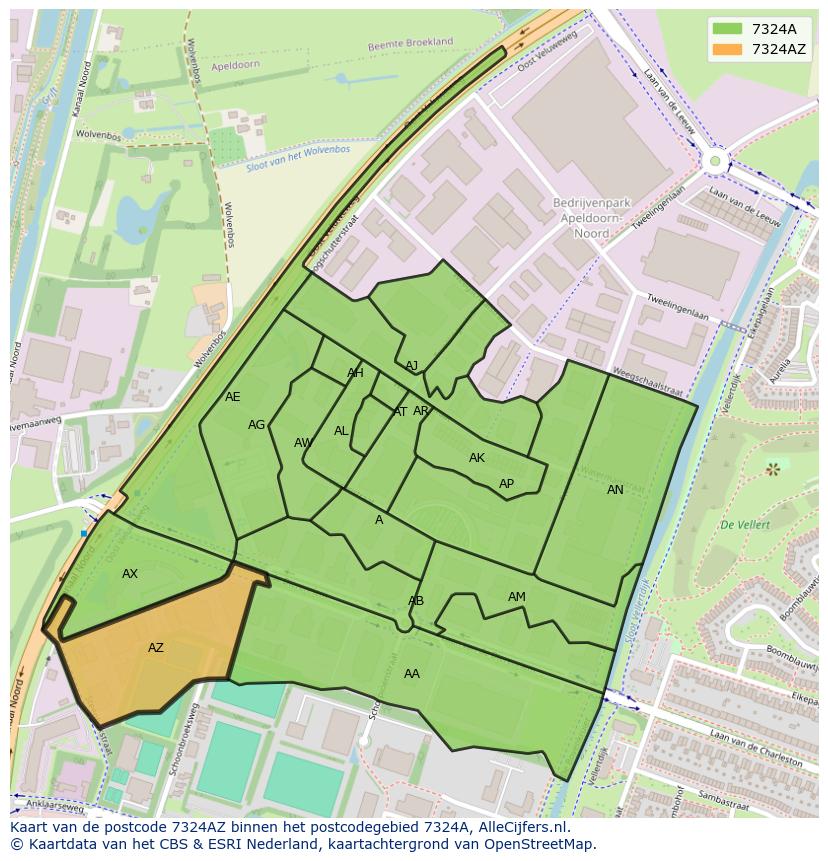 Afbeelding van het postcodegebied 7324 AZ op de kaart.