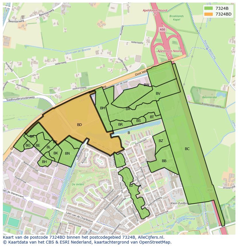Afbeelding van het postcodegebied 7324 BD op de kaart.