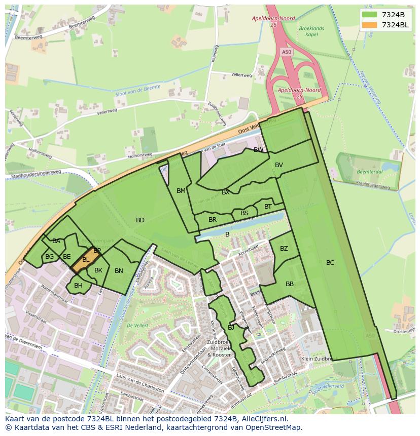 Afbeelding van het postcodegebied 7324 BL op de kaart.