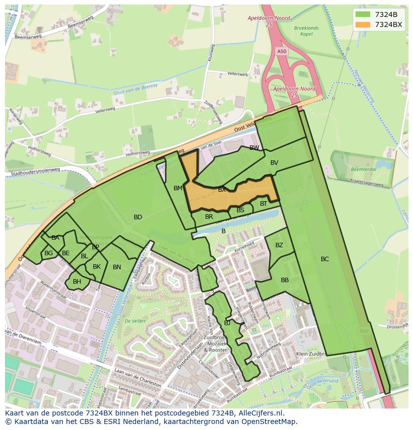 Afbeelding van het postcodegebied 7324 BX op de kaart.