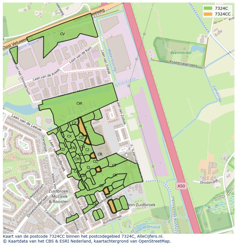 Afbeelding van het postcodegebied 7324 CC op de kaart.
