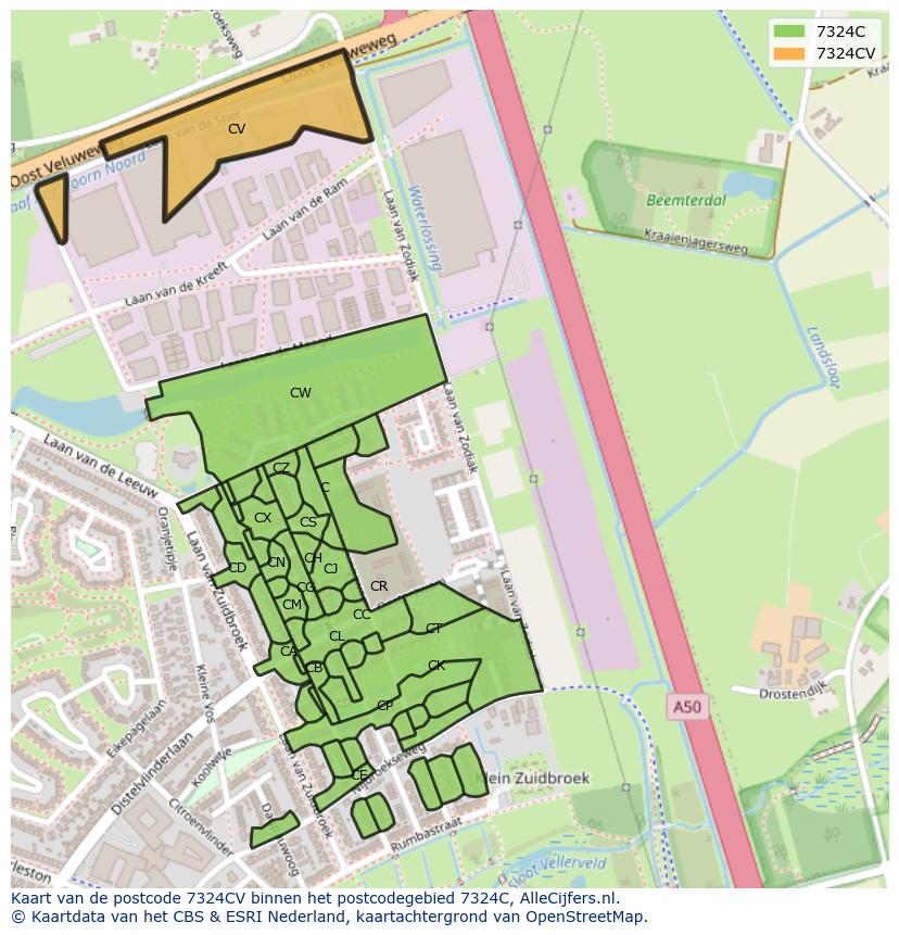 Afbeelding van het postcodegebied 7324 CV op de kaart.