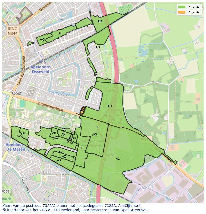 Afbeelding van het postcodegebied 7325 AJ op de kaart.