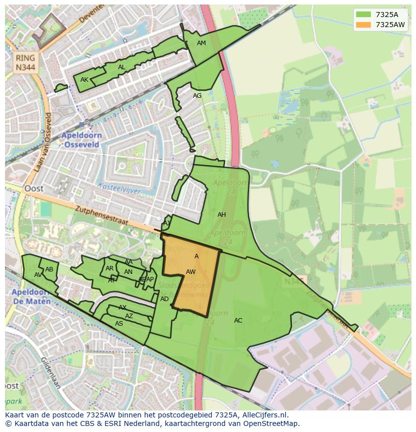 Afbeelding van het postcodegebied 7325 AW op de kaart.