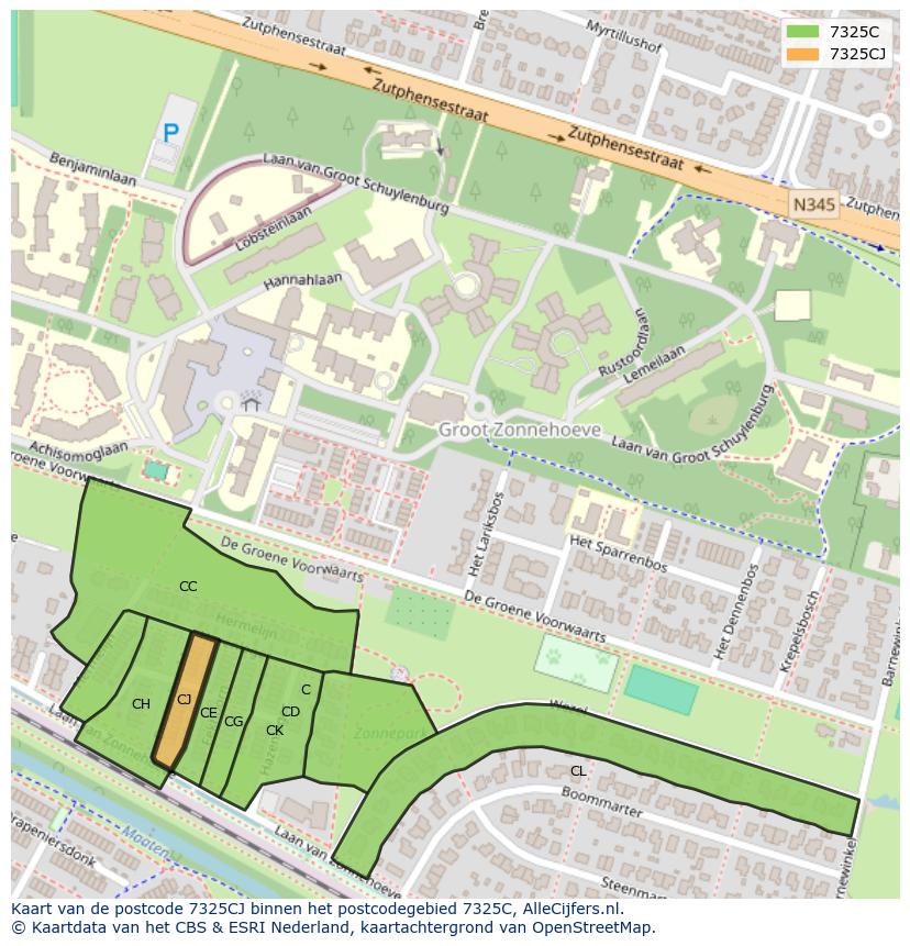 Afbeelding van het postcodegebied 7325 CJ op de kaart.