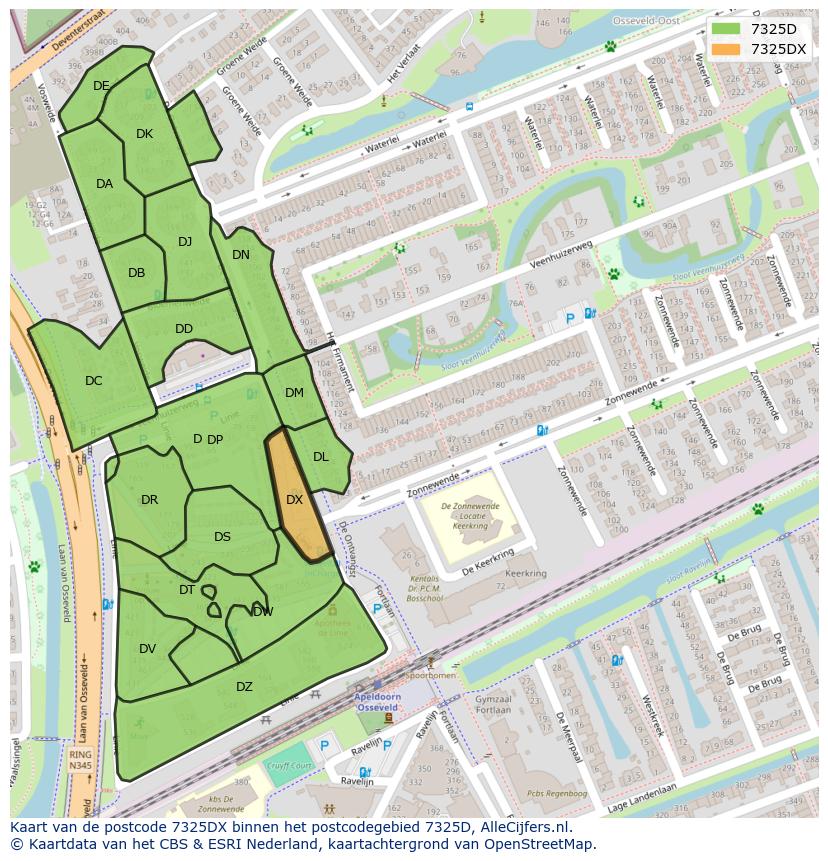 Afbeelding van het postcodegebied 7325 DX op de kaart.